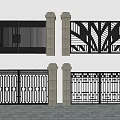 Modern Entry Gates With Diverse Metal Grille Designs And Stone Pillars On Paved Ground