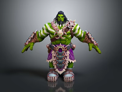 Muscular Green Skinned Game Movie Character With Ornate Armor And Striped Design 3d model