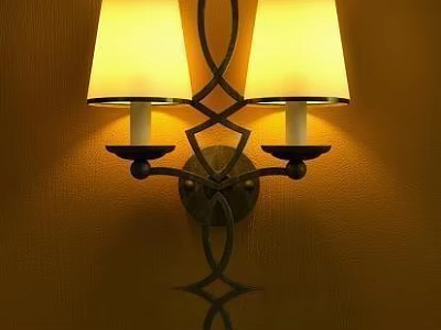 Yellow Wall Lamp With Two Lampshades And Metal Cross Design Mounted On Warm Wall 3d model