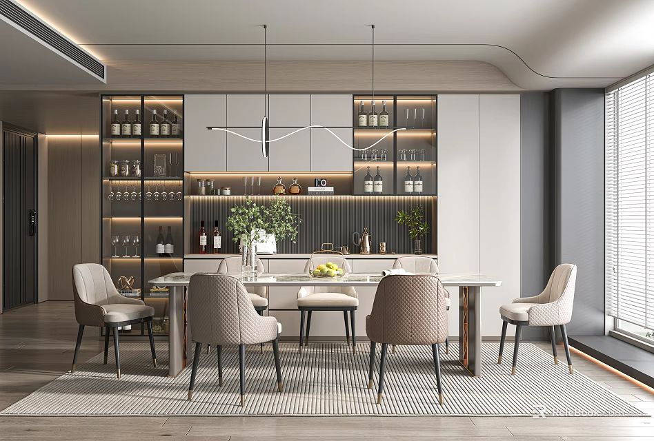 Modern Restaurant Interior With Dining Table Chairs Wine Racks Green Plants And Pendant Lights 3d model 