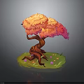 Vibrant Tree Featuring Pink Orange Leaves Twisted Red Trunk and Green Grass with Fallen Petals