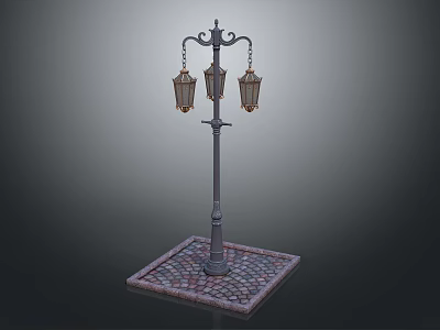 Vintage Ornate Lamp Post With Three Lanterns And Cobblestone Base 3d model