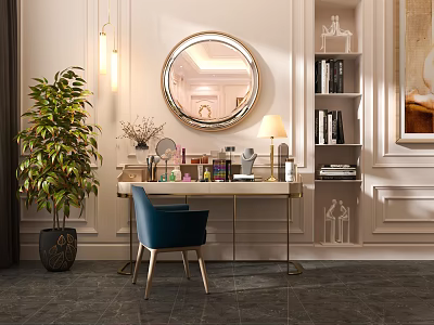 Modern Luxury Cloakroom With Round Mirror Dressing Table Blue Chair Green Plant Bookshelf and Decorations 3d model