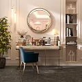 Modern Luxury Cloakroom With Round Mirror Dressing Table Blue Chair Green Plant Bookshelf and Decorations