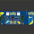 Vibrant Blue Reception Desk with Colorful Patterns Potted Plants Shelf Items and Staff Attending
