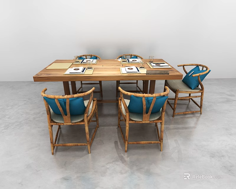 Rectangular Wooden Dining Table Set With Blue Cushioned Chairs And Tableware 3d model