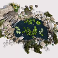 Garden Ornament Design Featuring Small Pond Water Lily Pads Decorative Stones and Greenery