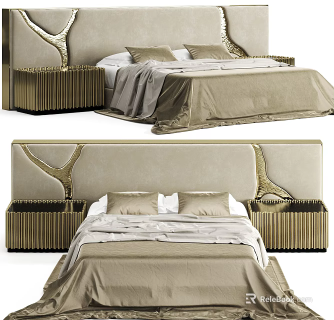 Elegant Modern Double Bed With Upholstered Headboard Golden Accents And Beige Bedding 3d model 