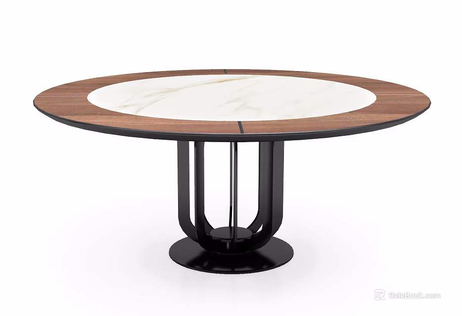 Round Modern Dining Table with Marble Top Wooden Edge and Black Metal Base 3d model 