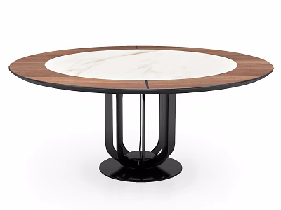 Round Modern Dining Table with Marble Top Wooden Edge and Black Metal Base 3d model