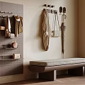 Wooden Bench With Checkered Cushion Against Wall Near Window And Pegboard With Hats Bags Umbrellas