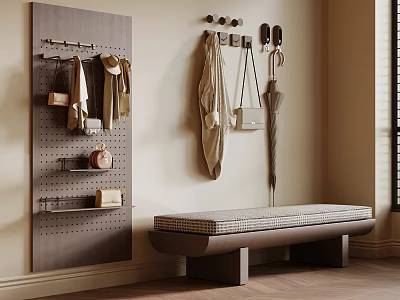 Wooden Bench With Checkered Cushion Against Wall Near Window And Pegboard With Hats Bags Umbrellas 3d model