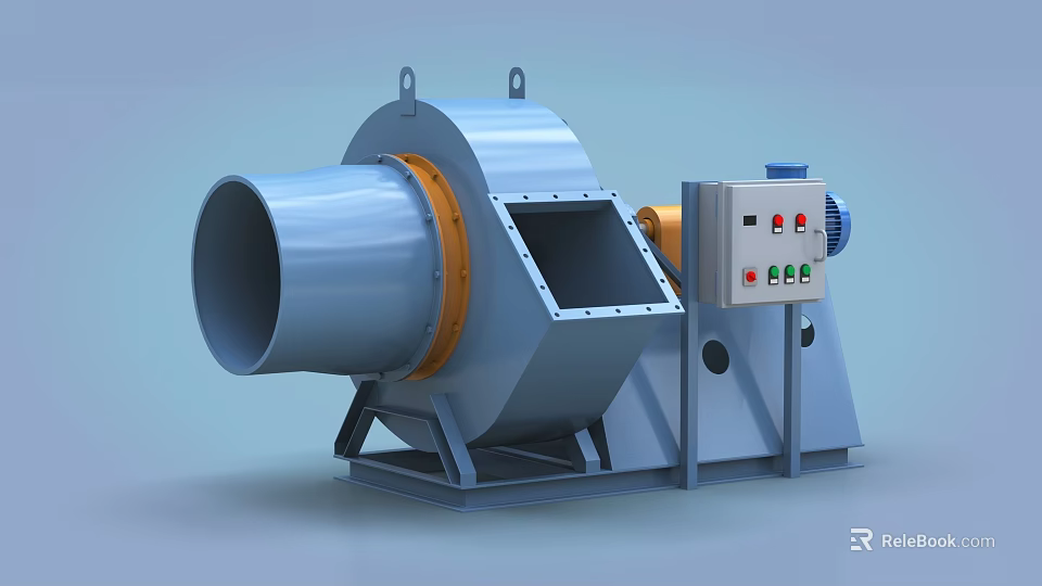 Industrial Centrifugal Fan Equipment With Blue Metal Structure And Control Panel 3d model 