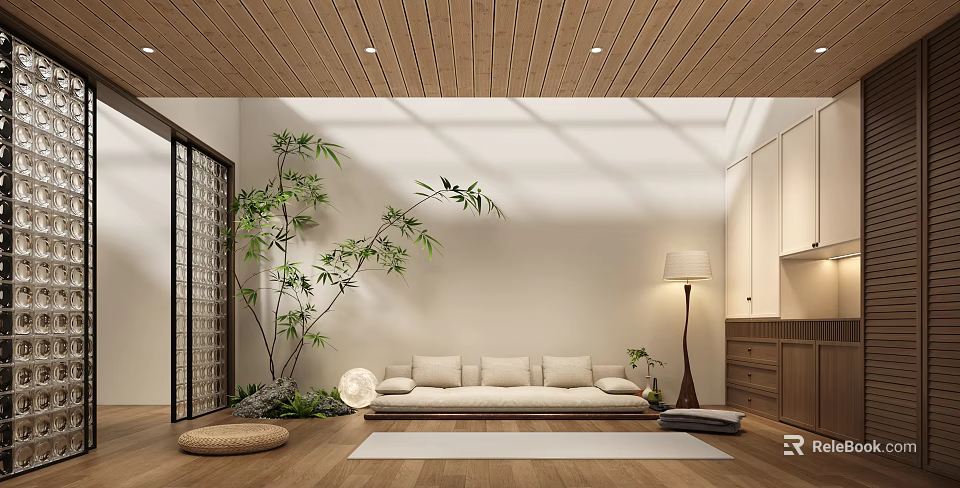 Serene Casual Room Interior With Wooden Ceiling White Walls Light Colored Sofa And Bamboo Plant 3d model 