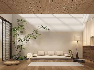 Serene Casual Room Interior With Wooden Ceiling White Walls Light Colored Sofa And Bamboo Plant 3d model