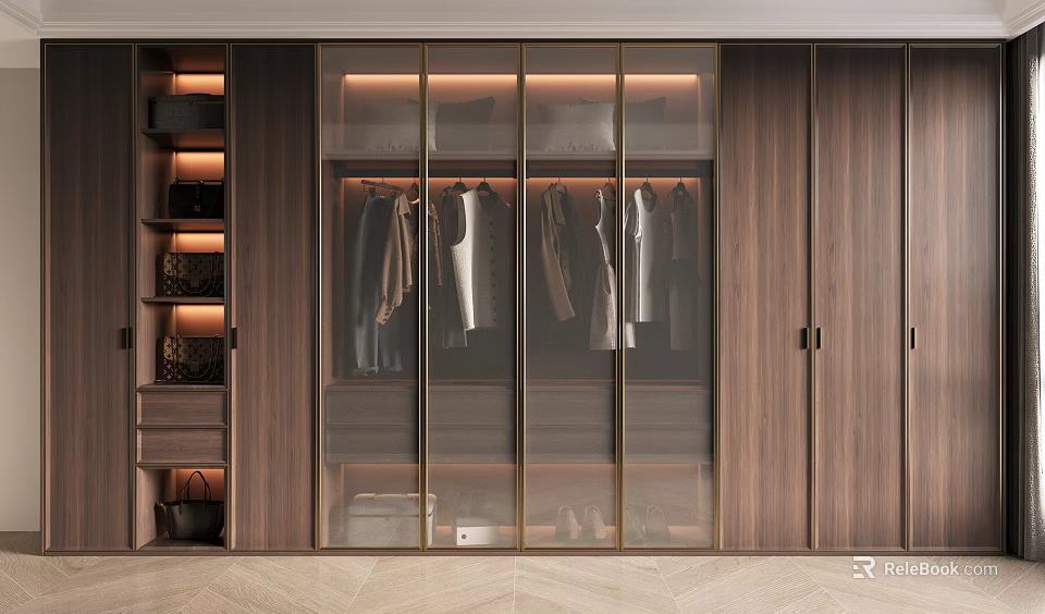 Modern Wooden Wardrobe Design With Glass Doors Hanging Clothes And Interior Lighting 3d model 