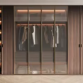 Modern Wooden Wardrobe Design With Glass Doors Hanging Clothes And Interior Lighting