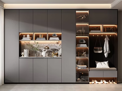 Modern Gray Multifunctional Shoe Cabinet With Illuminated Shelves Clothing Hanger And Decorative Storage 3d model