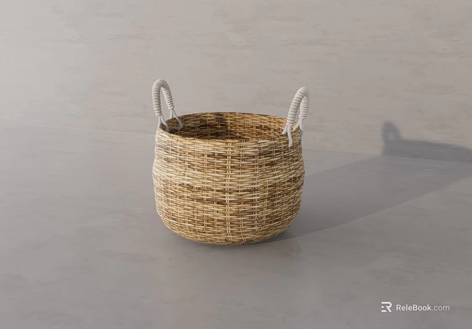 Stylish Wicker Bathroom Accessories Basket With White Handles For Bathroom Storage 3d model 