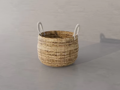 Stylish Wicker Bathroom Accessories Basket With White Handles For Bathroom Storage 3d model