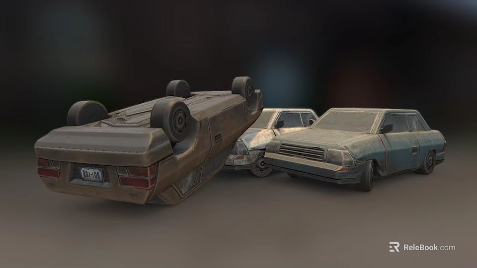 Old Abandoned Rusty Cars Featuring Overturned Vehicle And Dilapidated Sedans In Urban Area 3d model 