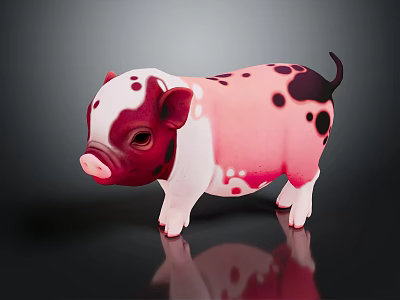 Cute Pink And White Piglet With Black Spots Standing On Reflective Surface 3d model