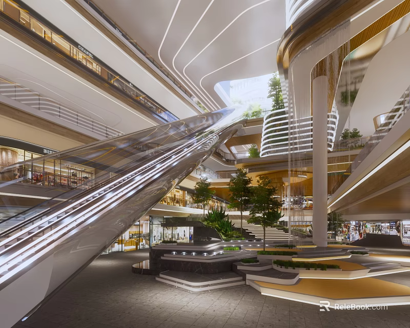 Modern Shopping Mall Lobby Design With Escalators Green Plants And Multi Level Structure 3d model 