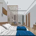 Cozy Double Bed Bedroom Interior With Wooden Furniture And Soft Pillows And Wall Art