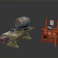 Vintage Furniture Featuring Stone Table Wooden Barrel Small Stool Red Cabinet With Blue Basin Shelf