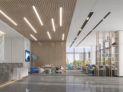 Modern Reception Area With Wooden Wall Panels Marble Front Desk Sofa Seating And Large Windows 3d model
