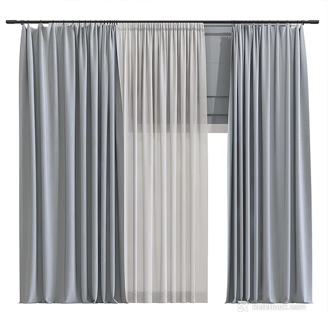 Elegant Gray And White Layered Curtains With Sheer And Solid Panels For Home Decor 3d model 