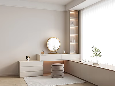 Modern White Dressing Table With Round Mirror Drawers Illuminated Shelving Stool By Window And Plant 3d model