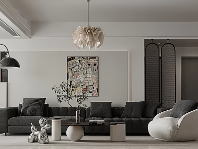 Modern Living Dining Room Interior With Gray Sofa Pendant Light Abstract Painting And White Armchair 3d model