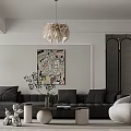 Modern Living Dining Room Interior With Gray Sofa Pendant Light Abstract Painting And White Armchair