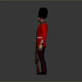 Standing British Royal Guard in Red Uniform With Black Bearskin Hat and Rifle