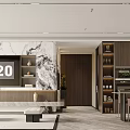 Modern Dining and Living Room Interior With Marble Wall Wooden Accents And Potted Plant
