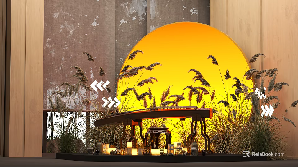 Yellow Circular Decor With Reed Plants Wooden Table And Gray Textured Wall Ambient Lighting 3d model 