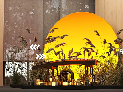 Yellow Circular Decor With Reed Plants Wooden Table And Gray Textured Wall Ambient Lighting 3d model