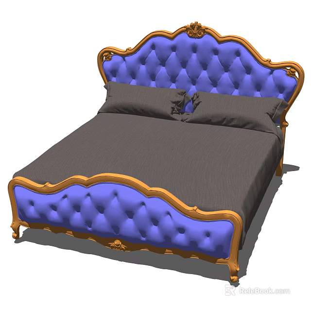Elegant Blue Tufted Double Bed With Golden Trim And Dark Gray Mattress 3d model 