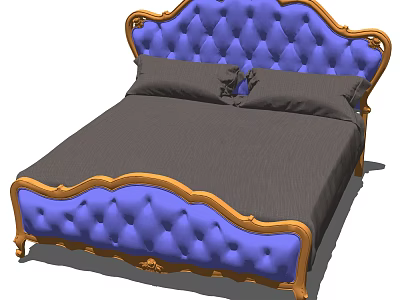 Elegant Blue Tufted Double Bed With Golden Trim And Dark Gray Mattress 3d model
