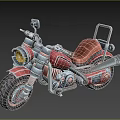 Vintage Red 3D Model Motorcycle with Yellow Headlight Brown Leather Seat and Large Tires