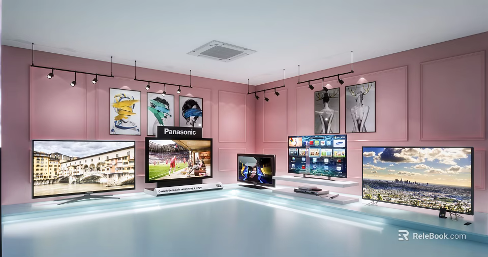 Panasonic Television Store With Various TVs Displayed Pink Walls And Hanging Artworks 3d model 