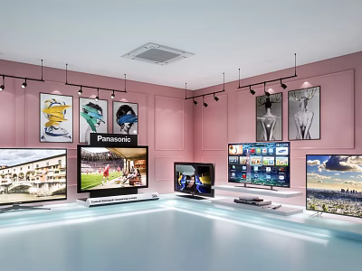 Panasonic Television Store With Various TVs Displayed Pink Walls And Hanging Artworks 3d model