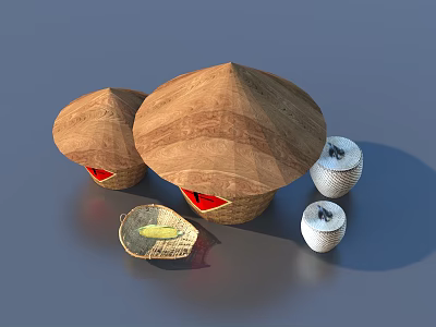 Traditional Bamboo Conical Hats And White Cylindrical Containers With Leaf Shaped Holder 3d model