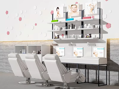 Three White Massage Chairs With Hexagon Shelf Wall Cosmetics White Table And Pink White Decor 3d model