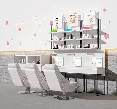 Three White Massage Chairs With Hexagon Shelf Wall Cosmetics White Table And Pink White Decor 3d model