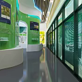 Modern Exhibition Hall Interior With Green Tree Shaped Decoration White Pendant Lights And Eco Counters