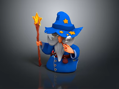 Blue Wizard Game Movie Character With Star Decorated Hat Long White Beard And Magic Staff 3d model