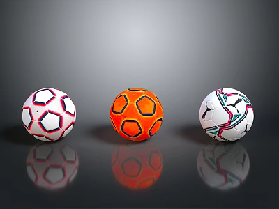 Colorful Soccer Balls With Red White Orange And Blue Patterns On Reflective Background 3d model