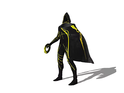 Game And Movie Character In Black Yellow Costume With Cloak And Ring Shaped Object 3d model